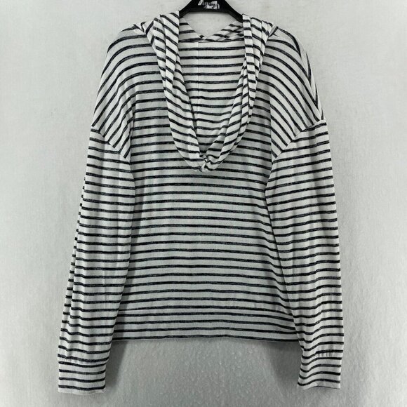 A New Day Sweater Womens Sz L White Striped Hooded Drop Shoulder Sleeve Pullover - Picture 2 of 12
